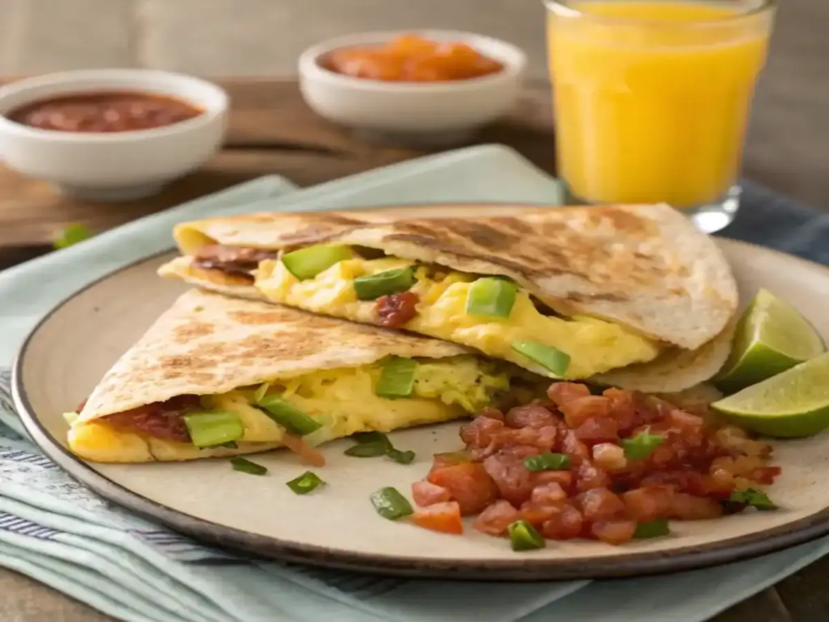 A veggie quesadilla filled with sautéed spinach, mushrooms, bell peppers, and melted cheese, served on a wooden board with fresh tomatoes and greens in the background.