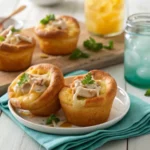 Chicken pot pie in popovers with parsley garnish.