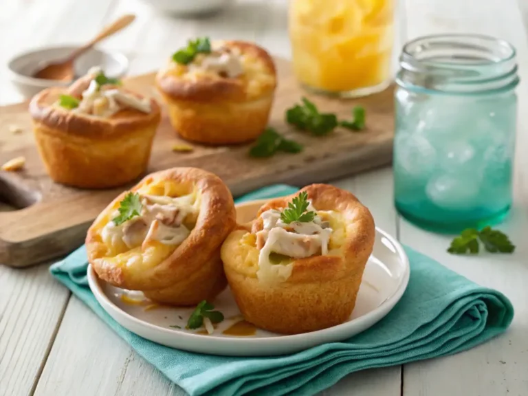Chicken pot pie in popovers with parsley garnish.
