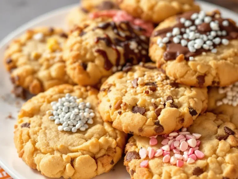 A variety of gourmet cookies with colorful toppings and sprinkles on a white plate.