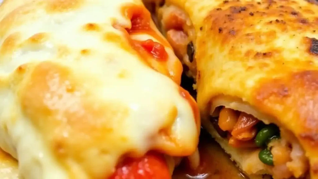 Close-up of two baked stuffed pastries, one topped with melted cheese and tomato sauce, the other filled with vegetables and a golden crust.