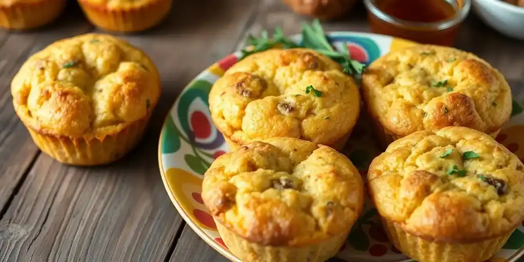 Bisquick sausage muffins arranged on a colorful plate, garnished with fresh parsley.