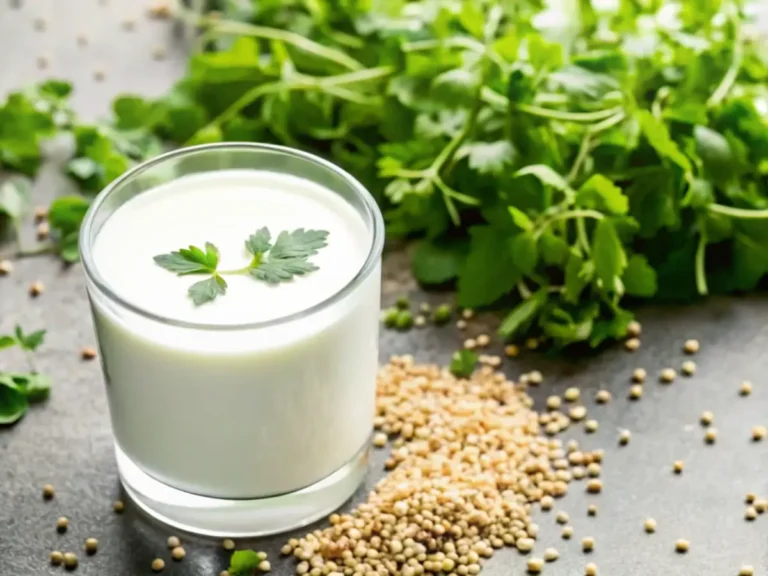 A glass of buttermilk garnished with cilantro, placed among coriander seeds and fresh herbs.