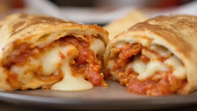 Close-up of a sliced calzone or stromboli with melted cheese and tomato filling oozing out.