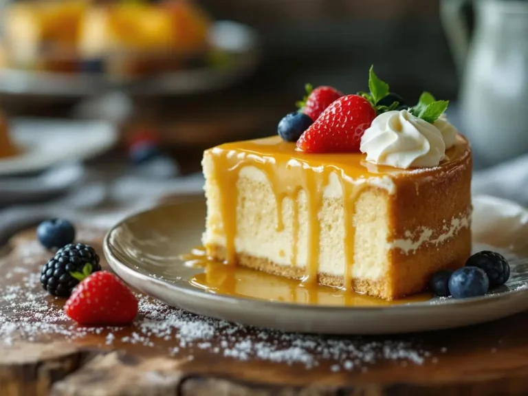 A slice of moist cake topped with a rich caramel drizzle, fresh strawberries, blueberries, and whipped cream.