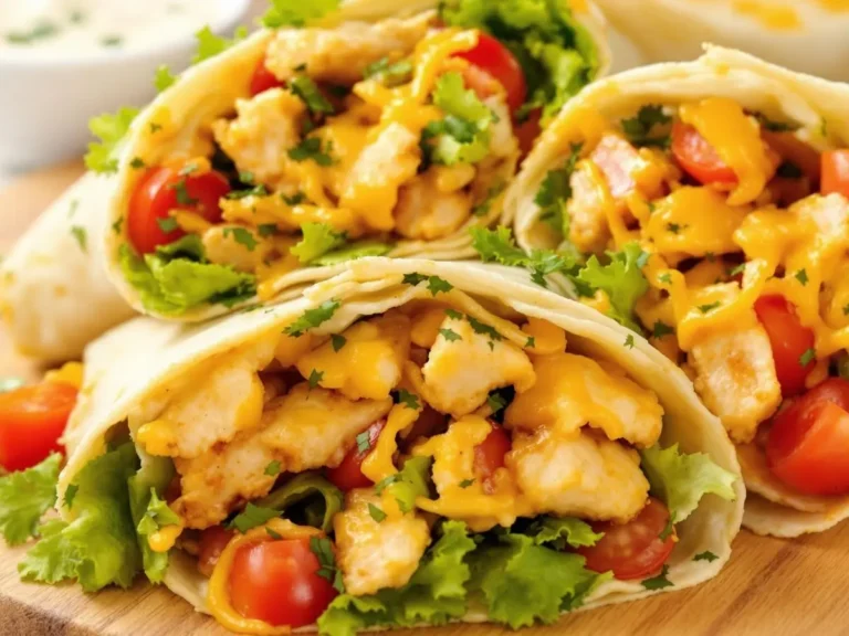 A close-up view of cheesy garlic chicken wraps filled with chicken, melted cheese, and fresh vegetables on a wooden board.