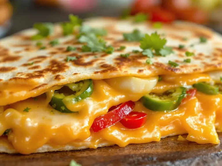 Close-up of a crispy quesadilla filled with melted cheese, jalapeño slices, and vibrant red peppers.
