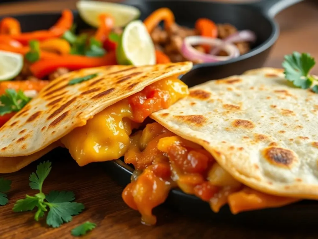 Crispy quesadillas overflowing with melted cheese and sautéed bell peppers, served with fresh herbs on a skillet.