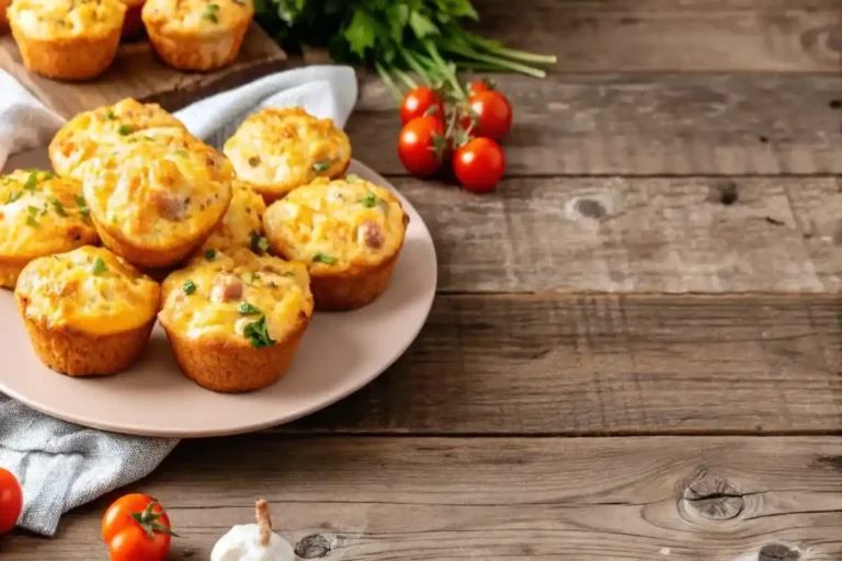 A plate of sausage muffins garnished with fresh parsley, surrounded by cherry tomatoes and garlic on a rustic table.