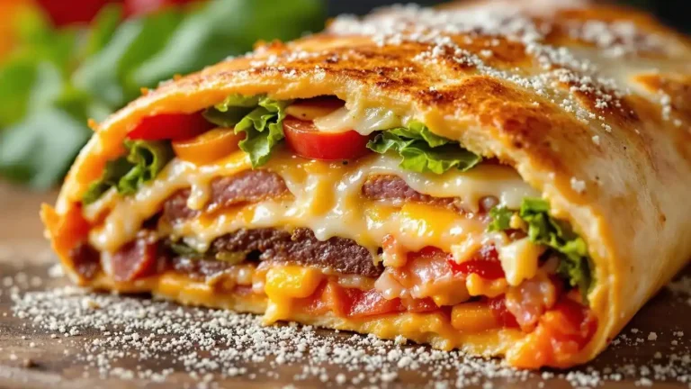 A close-up of a freshly baked Stromboli with layers of melted cheese, crispy bacon, lettuce, and juicy tomatoes inside a golden crust.