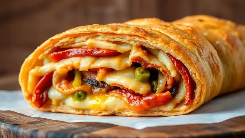 Close-up view of a freshly baked Stromboli stuffed with layers of melted cheese, pepperoni, and vegetables like peas and mushrooms, with a golden crust on a wooden surface.