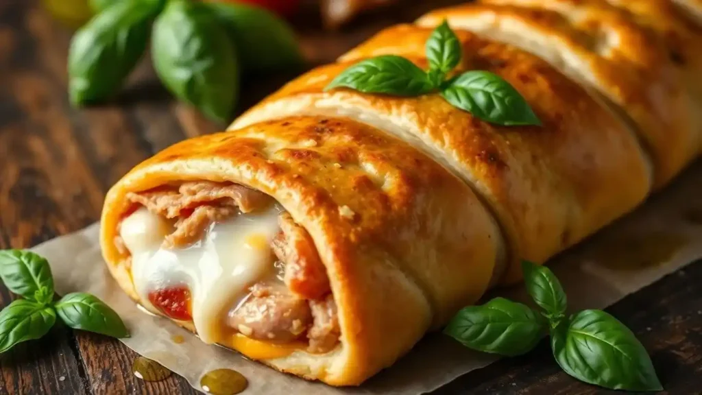 Close-up of a freshly baked Stromboli filled with melted cheese, savory meats, and surrounded by fresh basil leaves on a rustic wooden surface.