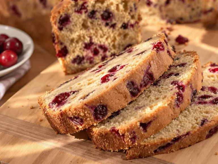 Sliced cranberry bread with a golden crust and studded with juicy cranberries, displayed on a wooden board.