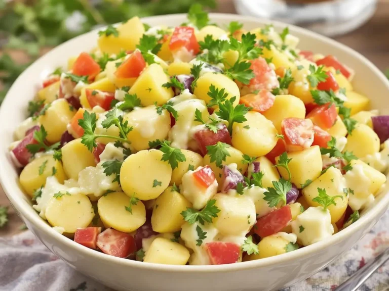 A bowl of Ozette potato salad with diced tomatoes, red onions, and fresh parsley.