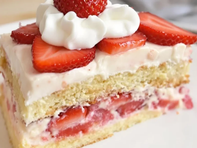A slice of strawberry tres leches cake with whipped cream and fresh strawberry slices on top.