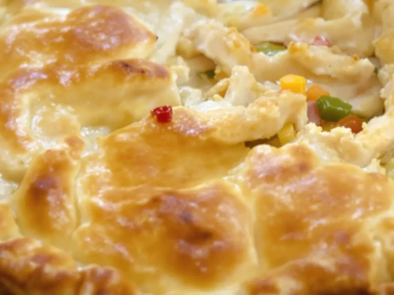 A close-up of a chicken pot pie showing the crispy crust and creamy filling with chicken and vegetables.
