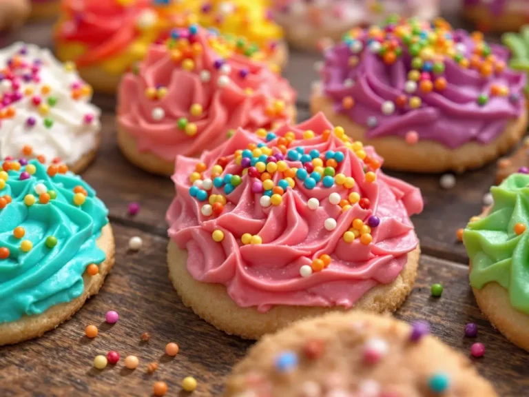 A close-up of beautifully frosted cookies in vibrant colors with rainbow sprinkles on top.