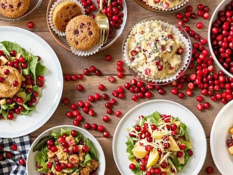 A table adorned with cranberry-themed dishes including muffins, salads, and cranberry sauce.