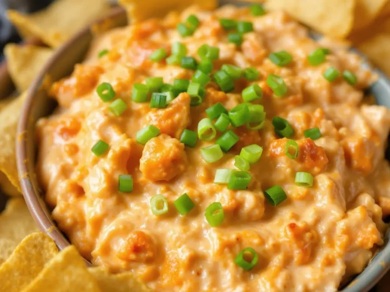Close-up of a bowl of creamy buffalo chicken dip topped with freshly chopped green onions, surrounded by crispy tortilla chips.