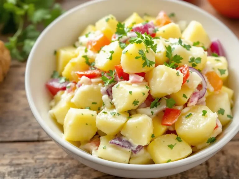 A bowl of creamy Ozette potato salad with diced tomatoes, red onions, and parsley.
