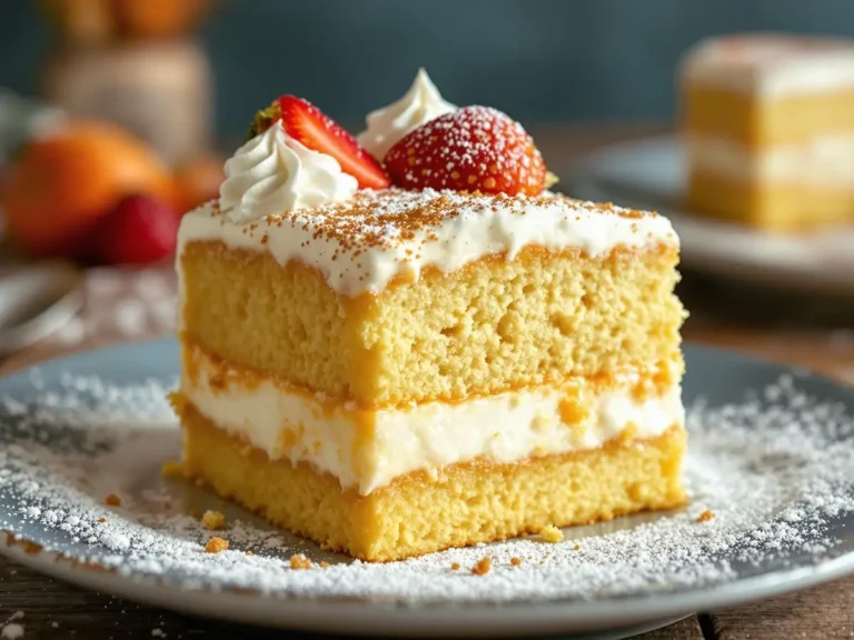 A close-up of a strawberry layered dessert with whipped cream and fresh strawberry slices on top.