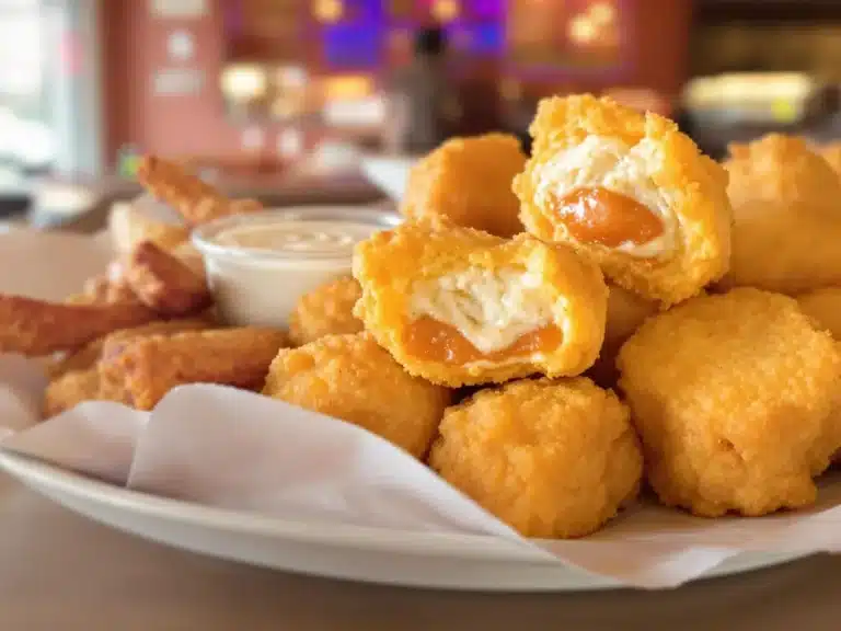 Golden, crispy cheese-stuffed nuggets on a plate with a dipping sauce and fried sides.
