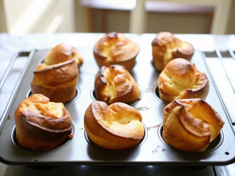 Freshly baked popovers with crispy edges in a muffin tin, showing their unique puffed shapes.