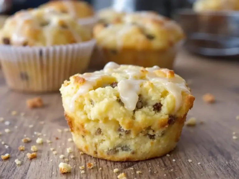 Close-up of a crumbly sausage muffin topped with a sweet drizzle, with more muffins in the background.