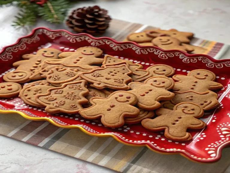 A red ceramic tray filled with decorated gingerbread cookies in various holiday shapes, surrounded by a plaid tablecloth and pinecone decoration.