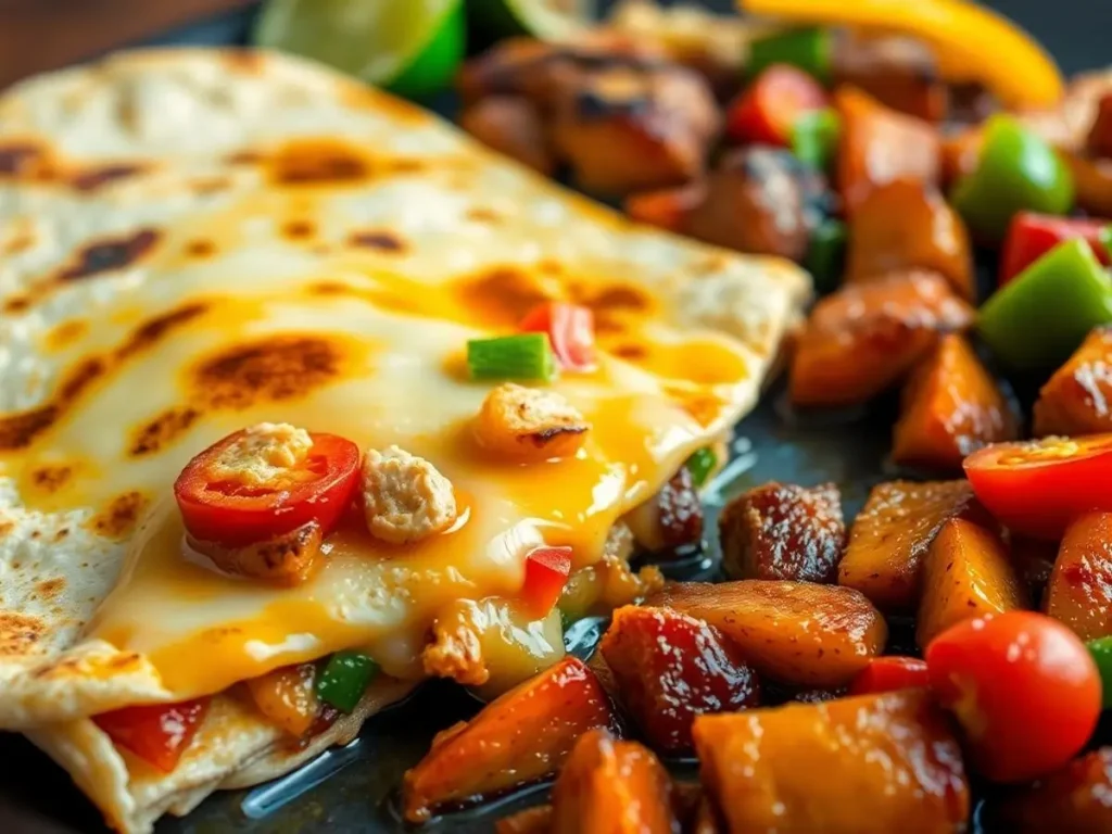 A plate of grilled vegetables and saucy meat served with a tortilla filled with melted cheese, topped with fresh red chili slices.