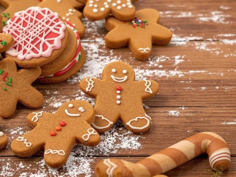 Gingerbread cookies decorated with icing, alongside a candy cane and powdered sugar on a rustic table.