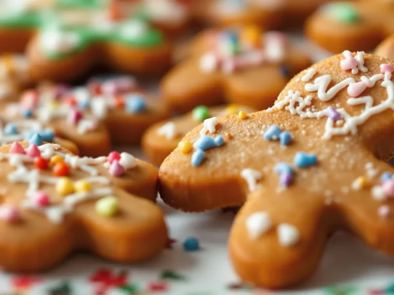 Close-up of decorated gingerbread cookies with icing and colorful sprinkles on a holiday-themed background.