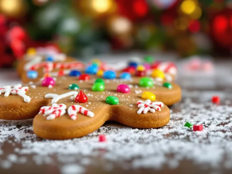 Close-up of a gingerbread cookie decorated with colorful candies, icing, and powdered sugar on a holiday-themed background.