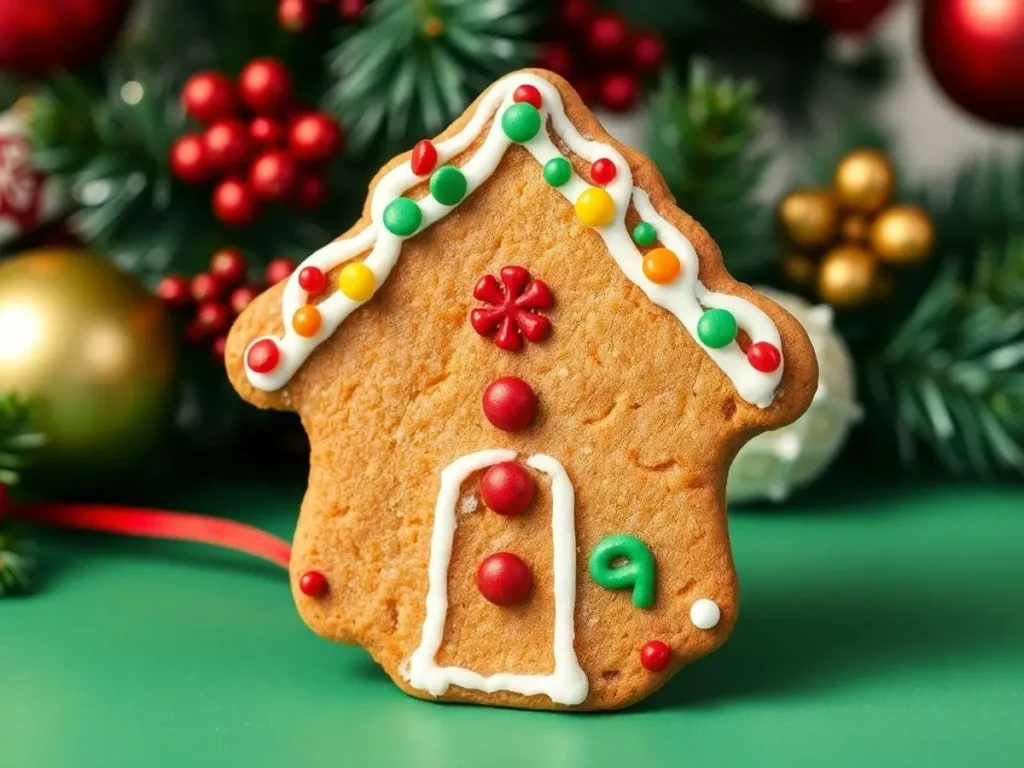 Gingerbread house-shaped cookie decorated with white icing and colorful candies on a festive background.