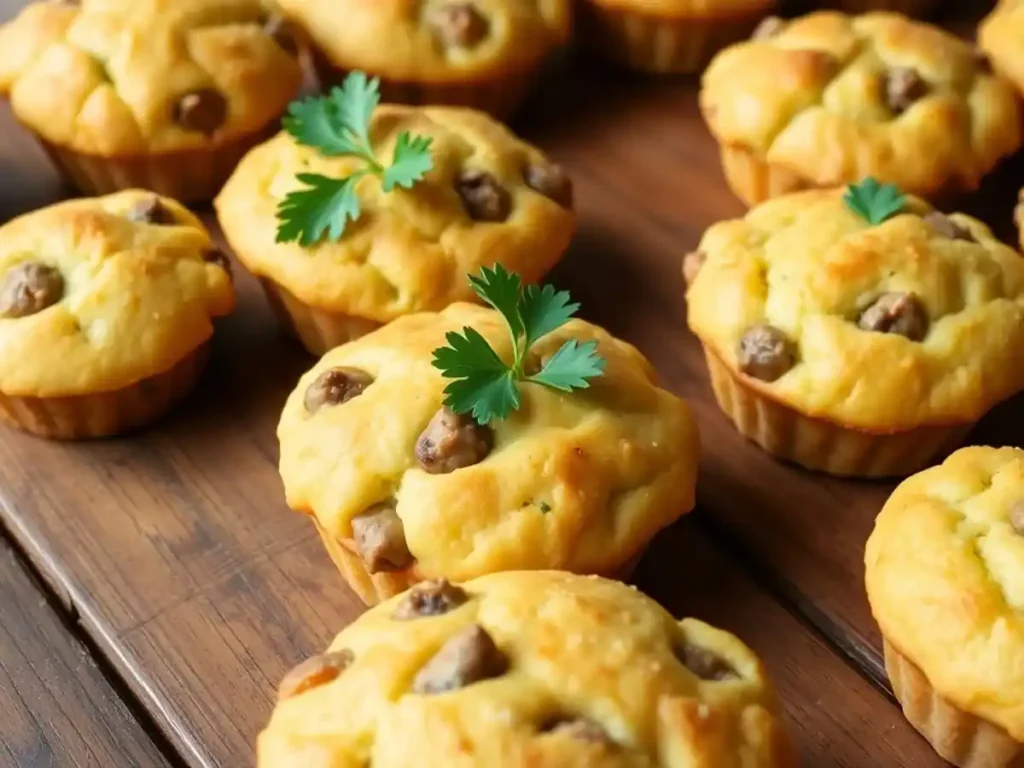 A batch of sausage muffins on a wooden surface, garnished with fresh parsley