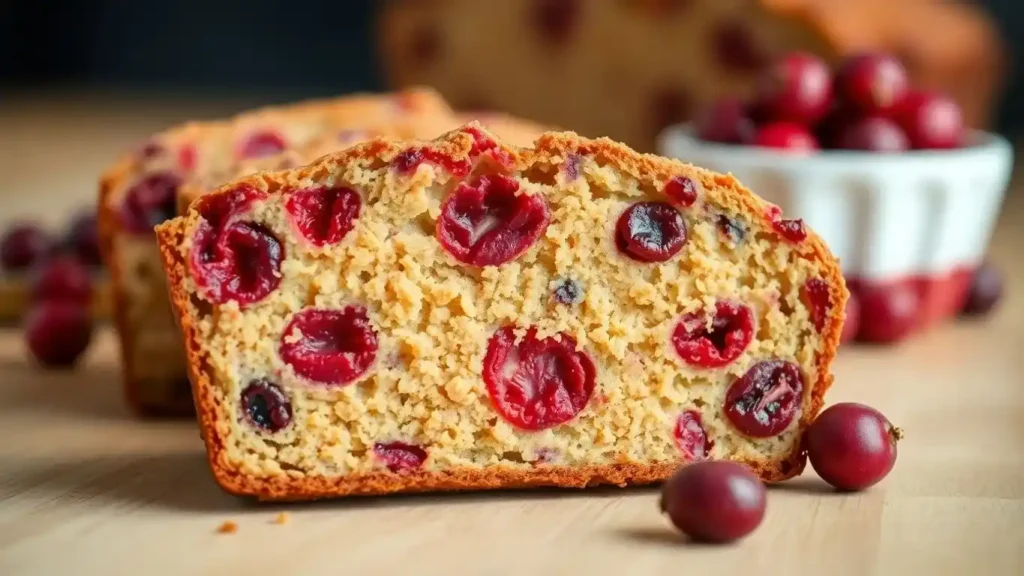 A close-up of a slice of cranberry bread showcasing its golden crumb and an abundance of fresh, plump cranberries.