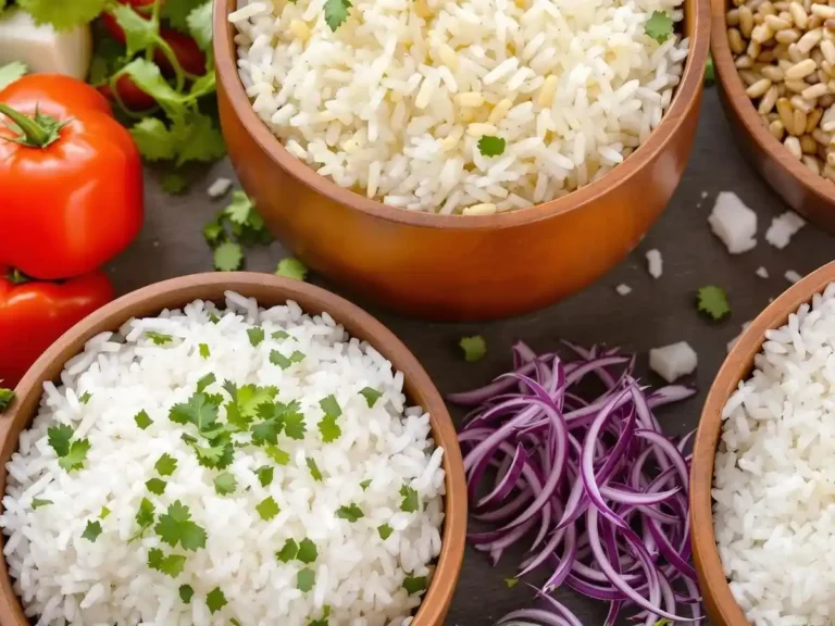 Bowls of fluffy white rice garnished with fresh cilantro, surrounded by vibrant vegetables like tomatoes and red onions.