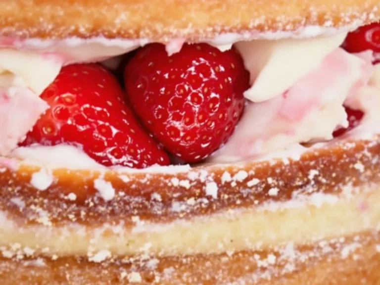 Close-up of a sponge cake filled with fresh strawberries and whipped cream, dusted with powdered sugar.