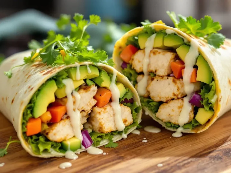 Close-up of a chicken avocado wrap filled with grilled chicken, avocado slices, colorful veggies, and a creamy dressing.