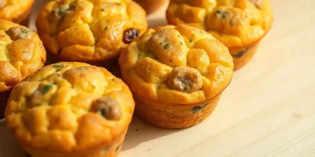 A batch of Bisquick sausage muffins with a golden crust, topped with sausage pieces and parsley.