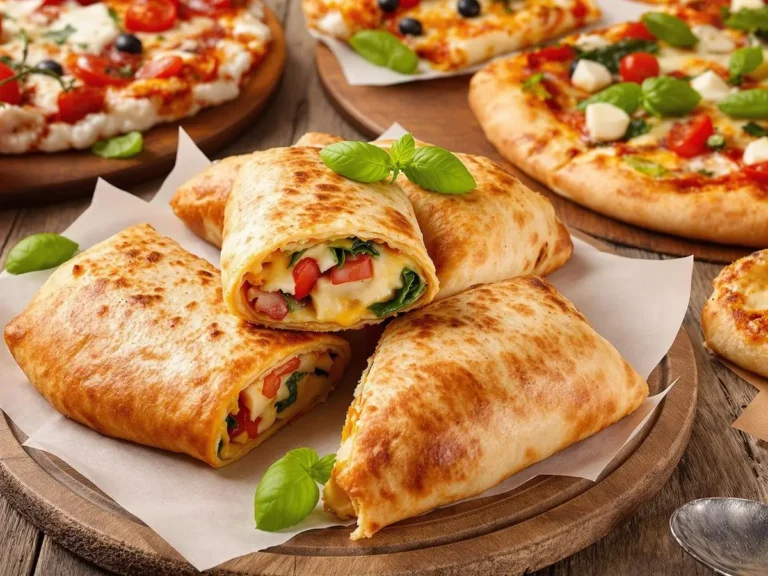 Golden-brown calzones filled with vegetables and cheese, garnished with fresh basil leaves, served next to pizza slices.