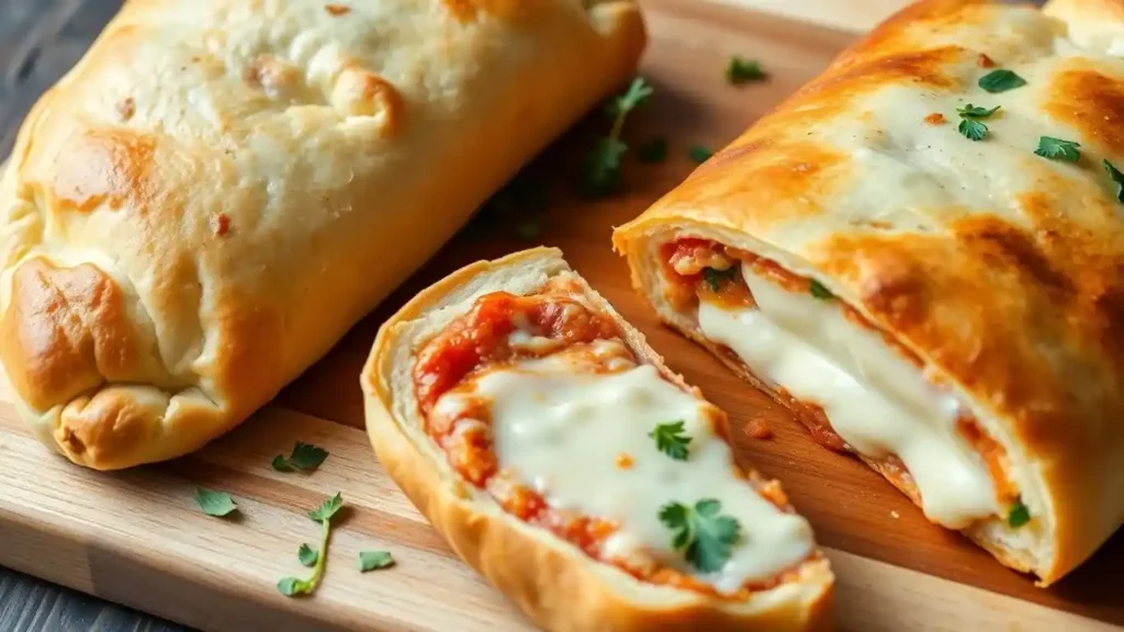 Does sauce go inside calzone or stromboli? A sliced stromboli with sauce inside next to a calzone with marinara on the side.