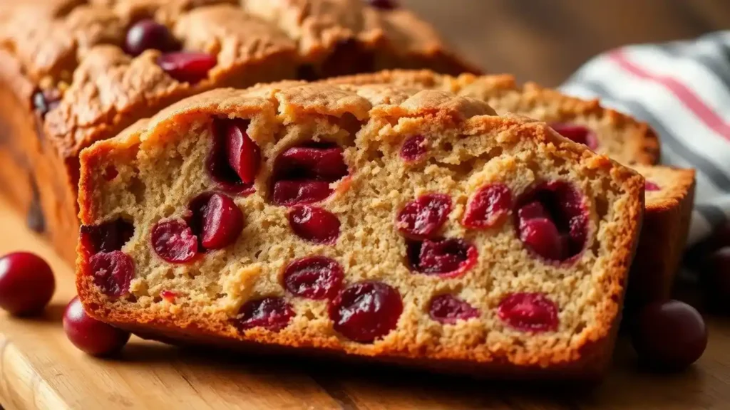 cranberry bread fall : A close-up image of a sliced cranberry bread loaf showcasing its golden-brown crust and juicy cranberries embedded in the soft, fluffy interior.