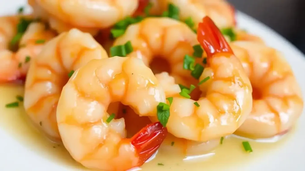 Close-up of plump, tender shrimp drizzled with a buttery garlic sauce and garnished with fresh green herbs.