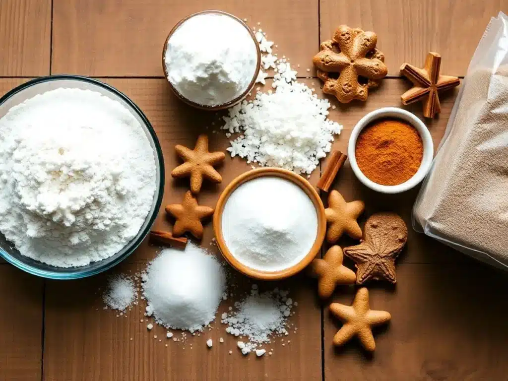 Ingredients for gingerbread cookies, including flour, sugar, and spices, arranged on a wooden surface with star-shaped cookies.