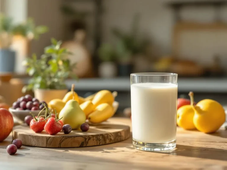 Glass of kefir on a wooden table with bananas, pears, strawberries, and other fruits in the background.