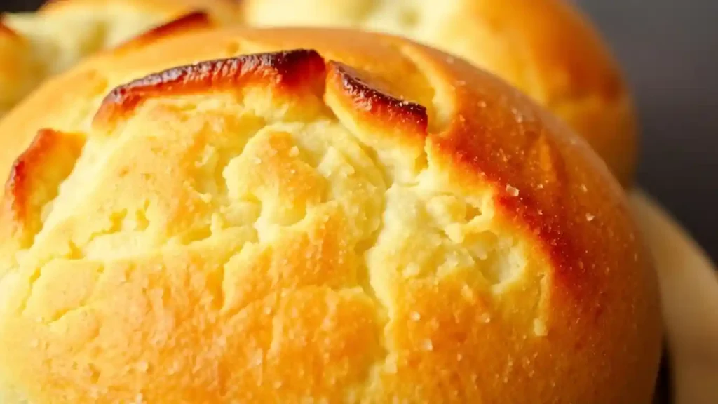 Close-up of golden brioche buns with a shiny crust and soft, fluffy interior, freshly baked to perfection.