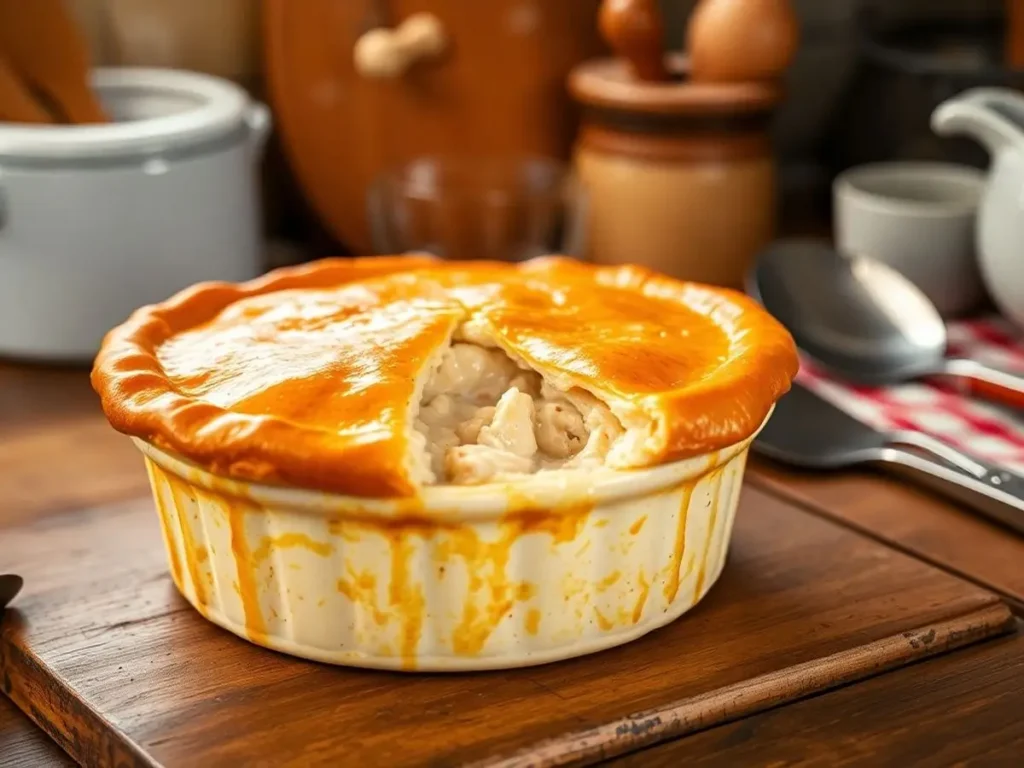A freshly baked chicken pot pie with a golden crust, partially cut open to reveal its creamy chicken filling inside a ceramic dish.