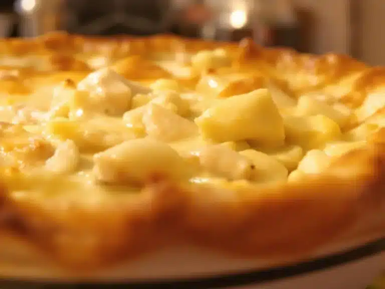 Close-up of a chicken pot pie with a golden crust, topped with creamy chicken and potato filling. discover Why Did My Chicken Pot Pie Come Out Watery