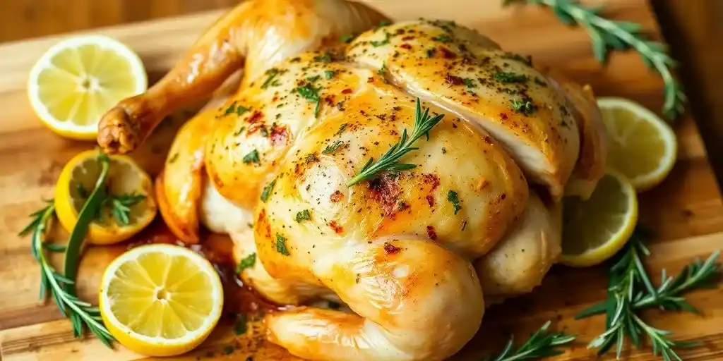 A perfectly roasted whole chicken garnished with fresh rosemary and lemon slices on a wooden board.